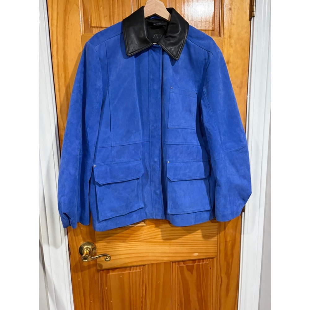 Zara Blue Suede Military Field Jacket with Black Leather Collar